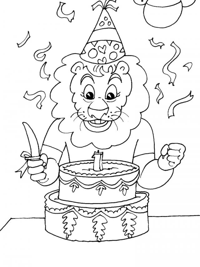 Lew z Urodzinowym Tortem - Kolorowanka do Druku dla Dzieci kolorowanka do druku